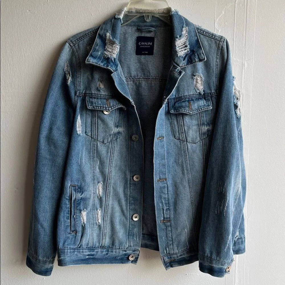 Cavalini Women's Blue Denim Jean Jacket Distressed Ripped Trucker Size S